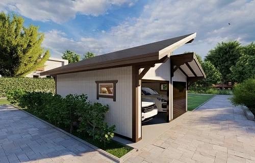Гараж для двух машин с разноуровневой кровлей Фишт